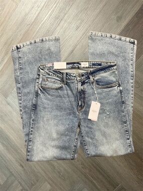 NOEND Donna 90s High Rise Flare Jeans Womens 30 Acid Wash Blue Made in USA Boho